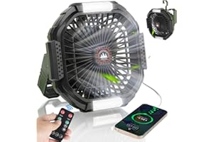 ZWOOS USB Camping Ventilator, 10400mAh Wiederaufladbar Tisch Wand/Leise Ventilator mit 4 Geschwindigkeitsstufen Verstellbaren Tischventilator mit LED-Licht für Outdoor Picknicks, Angeln