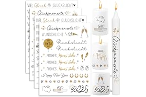 BETESSIN 4x Kerzen Tattoos Folie Kerzentattoo Frohe Neues Jahr 2025 Rub On Sticker Kerzenfolie Kerzen Aufkleber Neujahr Sprüche Aufkleber Weihnachten Kerzensticker Kerzensprüche für Stabkerzen Tasse