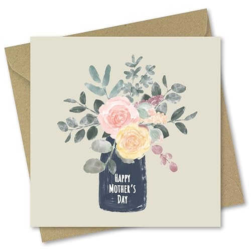 Mothers Day Card. Card for Mum. Flowers in Vase Design with Matching Envelope. 150x150mm. Ecofriendly. Printed and Packed in UK, by Absolutely Yours.