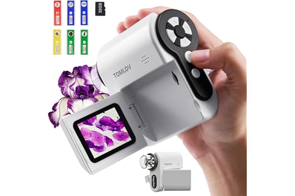 TOMLOV P20 Microscope Numérique Portable pour Enfants, Multi-Usage Miniscope, Caméra DV 1080P avec Écran LCD Pliable de 2", Compatible avec MacOS Windows, Autonomie de 4 Heures, 6 Pcs Lames, 32 Go