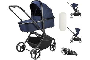 Booboo Kinderwagen Jazzi 2 in 1 Kombi-Kinderwagen inkl. Babywanne mit Matratze, Sportwagen, Sportsitz mit Liegefunktion, Zusammenklappbar - Navy