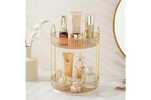 MEBIUSYHC Rotating Makeup Organizer for Vanity, Large Skincare Make Up Storage Perfume Organizers for Bathroom Counter, Clear Cosmetic Lipstick Toiletry Dresser Organizer Spinning Holder (Amber Gold, 2 Tier)