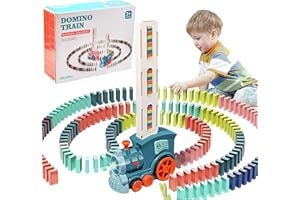 COLEESON Domino Zug Spielzeug Set, Automatischer Dominozug mit 120 Stück Dominoblöcken, Kinderbau und Stapelspielzeug für 3 4 5 6 7 Jahre alte Jungen und Mädchen (BLUE-120)