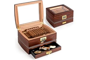 Marvero Nawilżacze do cygar, nawilżacz powietrza z drewna cedrowego z cyfrowym higrometrem, szufladami, nawilżaczami i pozłacanymi okuciami. Szafka na cygara dla mężczyzn, męża, ojca, pojemność 75