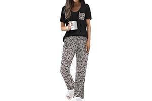 Famulily Women's Pyjama Sets Two Piece Summer Outfits V-Neck Loungewear Tops and Loose Fit Wide Leg Printed Trousers with Pockets S-XXL