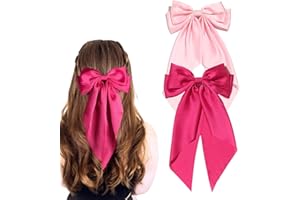 BH-MISSTARS 2 PCS Big Bow Hair Clips, Large Bowknot Hairpin French Hair Clips with Long Silky Satin Ribbon Solid Color Hair Barrettes Accessories for Women Girls (Pink+Hot Pink)