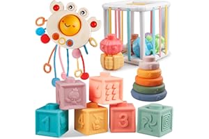 Plunack Giochi per Bambini, Giochi Montessori per Neonati, 4 in 1 Giocattoli Sensoriali, Giochi Educativi Montessori Cubi Impilabili Bambini