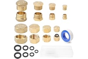 DYMHQ 16Pcs Bouchon Fileté Hexagonaux en Laiton Set, 1/8" 1/4" 3/8" 1/2" Bouchon d'Obturation en Laiton, Tuyau avec Ruban de Plombier 8 Joints en Caoutchouc pour Eau Air
