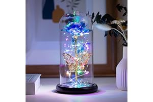 HFHUNGKEONG Mother's Day Rose Flower Gift Galaxy Colorful Rose Flower for Mom Wife Girlfriend Grandma Anniversary Birthday Gift Glass Dome Artificial Rainbow Rose LED Light Strip Butterfly Crystal Flower（Blue）