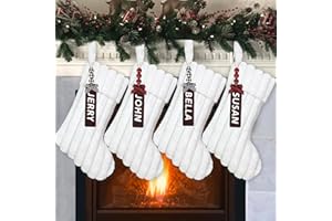 LOMOHOO Juego de 4 calcetines de Navidad grandes con etiquetas de nombre, medias de piel sintética blancas, medias de Navidad, medias de Navidad blancas para regalo de fiesta, decoración de árbol de