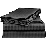 TIB 210 TC 100% Cotton Satin Striped Elastic Fitted King Size Bed Sheets with 2 Pillow Covers, Black