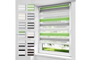 Buseu Store Enrouleur Jour Nuit sans Perçage, 45x120cm, Vert-Gris-Blanc, Translucide, Respirant, Tissu Double, Protection Vie Privée, pour Fenêtres et Portes