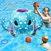 KAHEIGN 80CM Inflatable Pool Toys with Octopus Shape, 2 in 1 Basketball Hoop Sets and Ring Throwing - Inflatable Floating Wat