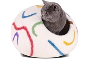 MEOWFIA Cat Cave – Premium Felt Cat Bed for Indoor Cats, Handmade 100% Merino Wool (Ivory Rainbow, Large)