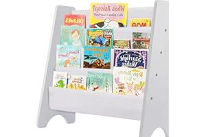 CROWNSHOP Children's Bookshelf 4 Tier Childrens Bookcase Wooden Kids Sling Storage Nursery Bookcase Shelf with Soft Canvas for Kids Room and Nursery White 61 * 60 * 26.5CM