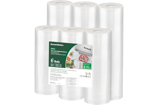 Bonsenkitchen vakuumrullar 6 rullar 20 cm x 600 cm 28 cm x 600 cm vakuumfolie – professionell vakuumpåse för vakuumförpackare
