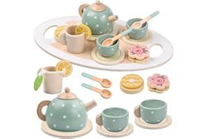 Bezavea 15PCS Wooden Tea Set for Toddlers, Pretend Play Tea Party Set, Children Tea Party Set with Play Food Dessert Tray Teapot Kitchen Accessories, Birthday Gifts for 3 4 5 6 7 Year Olds Girls Boy