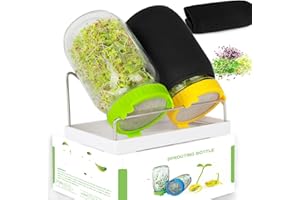 Kitmiido Seed Sprouting Jar Kit, 2 Mason Jars with Screen Sprout Lids, 2 Blackout Sleeves, Drain Tray, Stainless Steel Stand, Sprouts Growing Kit, Yellow&Green