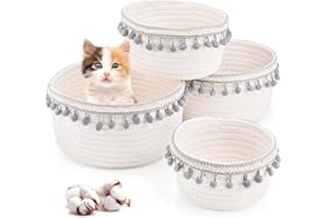 GYBOOM 4 Piece Storage Basket Set- Natural Cotton Rope Woven Baskets for Organizing!Basket for Baby Nursery, Dog Toy Baskets, Cat Toy Box, Bathroom Organization Bin (Grey edge)
