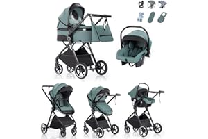 Kakbgee Passeggino 3 in 1 | con Carrozzina Pieghevole & Maniglia 7 Altezze | Sospensione 4 Ruote | Norma EN1888 | 0-3 Anni (15kg), Blu-Verde