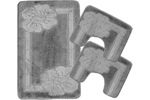 SaRani Set Tappeti Bagno Tris 3 Pezzi Doccia Bidet Water Blu Fiori Antiscivolo Gomma (Grigio)
