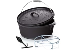 ‎BBQ NERD BBQ-Nerd© Dutch Oven "Starter" 10,7L mit Ständer| bereits eingebrannt - preseasoned | Gusseisen Feuertopf, Bräter mit Deckel inkl. Deckelheber | Feuerfester Grill & Camping Kochtopf, Grilltopf