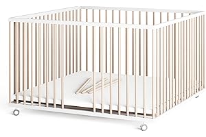 Sämann® Laufgitter 120x120 cm mit Matratze und Schlupfsprossen, stufenlos höhenverstellbar, Baby Laufstall, Buche, gummierte Rollen, Buche weiß/natur lackiert