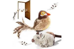 PAWSAYES Chirping Bird Cat Toys, Interactive Cat Squeak Mouse Toy Melody Chaser Bird Toys for Cats, Funny Squeak Kitten Plush Toy for Indoor Cats (With Rope-Long-tailed Bird)