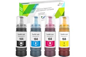 GREENPRINT 4Pack Compatible 104 Ink Bottles 4500 Pages Black 7500 Pages CMY for ET-2710 ET-2711 ET-2712 ET-2714 ET-2715 ET-2720 ET-2721 ET-2726 ET-4700 ET-2810 ET-2815 ET-2820 ET-2821 ET-2825 Printers