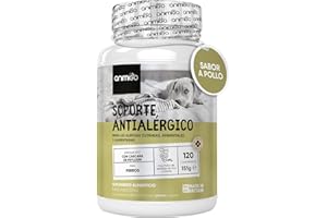 ANIMIGO Suplemento Natural Alergias para Aliviar Picor en Perros - 120 Comprimidos Sabor a Pollo - Complemento Hipoalergénico de Psyllium, Semillas de Lino y Cúrcuma - Antiácaros Perros