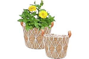 JNRFTY Set of 2 Sizes Flower Pots Braided Seagrass Plant Baskets, Planter Basket for Indoor Plants, Planters with Handles 25 cm and 29 cm Diameter