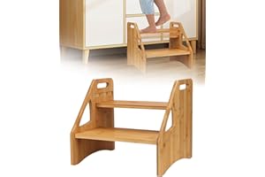 TEFOLA Sgabello in bambù a 2 gradini, Regolabile in Altezza Portatile Poggiapiedi per Bambini, Capacità 300 libbre, con superficie antiscivolo e maniglie portatili, supporto multiuso resistente
