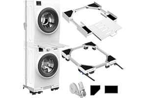 NIUXX universale di impilaggio e base mobile per asciugatrice e lavatrice, regolabile nelle dimensioni con corda a cricchetto e cestelli estraibili per lavatrici e asciugatrici per risparmiare spazio