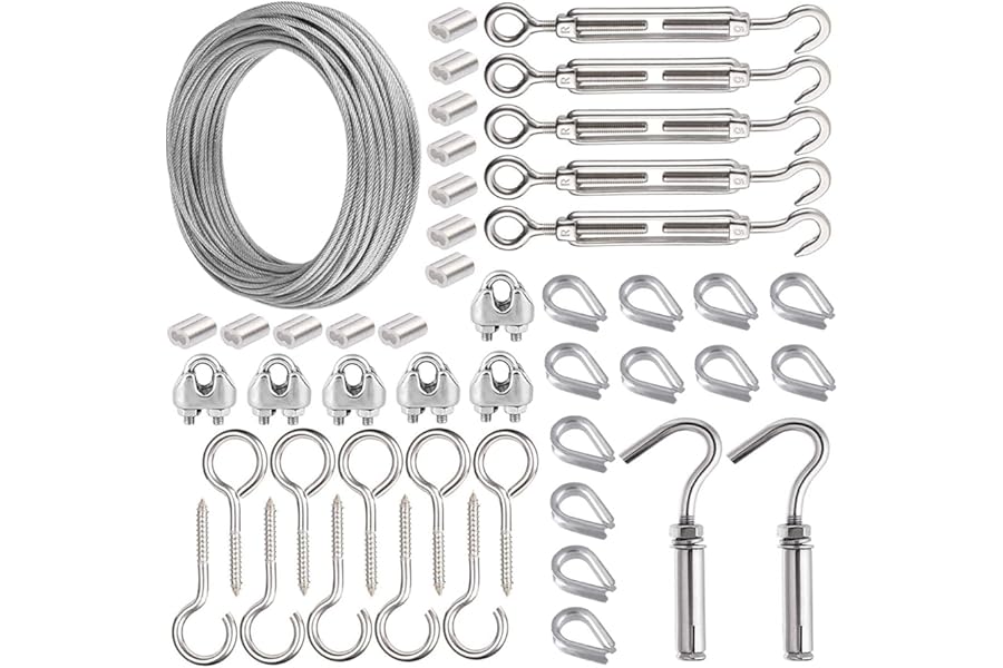 30M Garden Wire For Climbing Plants, AMLOOPH Picture Wire Heavy Duty Decking Rope Stainless Steel Cable Wire 2MM Fence Wire Rope Clips Turnbuckle Wire Tensioner For String Lights Hanging Kit(48pcs)