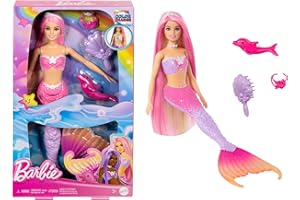 Barbie Mermaid Doll, “Malibu” with Pink Hair, Styling Accessories, Pet Dolphin and Water-Activated Color Change Feature, HRP97