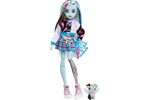 Monster High - Frankie, bambola snodata alla moda, dai capelli con ciocche blu e nere, con accessori e cucciolo, Giocattolo per Bambini 4+ Anni, HHK53, Blu