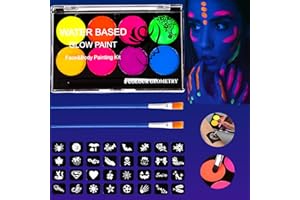 PKCHYE Pintura Fluorescente Corporal Pintura Corporal y Facial,Neon Pintura Cara Niños Pintar Pintura Cara Barriga Embarazada Body Painting 8 Colores 32 Plantillas No Toxica