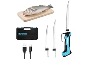 DURATECH Couteau à Filet Électrique sans Fil, Couteau à Filet de Poisson Rechargeable avec 2 Lames(20cm/25cm), Poignée Antidérapante, Verrou de Sécurité, LED, Idéal pour Cuisine, Pêche, Professionnels
