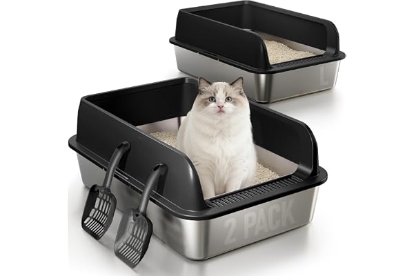 2-pack kattlåda i rostfritt stål inhägnad med lock, kattlåda av rostfritt | Kattlåda med sidohölje med hög vägg, icke-klibbig, läckagesäker, lätt att rengöra, med spade, ljusgrå svart, L