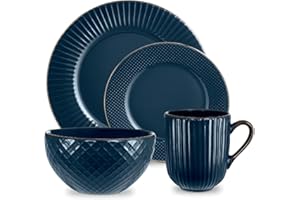 Tower T867002MNB Empire 16 Piece Dinnerware Set, Stoneware, Midnight Blue and Brass