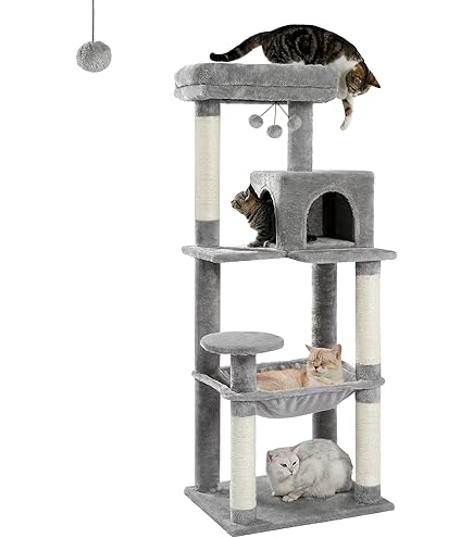 Heybly HCT006SMU Krabpaal voor katten, 100 cm hoog, met groot platform, hol, 2 hangmatten, speelgoed en klimboom met krabpaal, beige-bruin