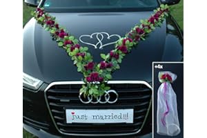 AUTO-SCHMUCK SO EINFACH SO KREATIV VIP Girlande 64 hochwertige Rosen 16 extrastarken Saugnäpfen 2 x 180 cm Girlande 4 Türgriffdekorationen 2 Rattanherzen Braut Paar Autoschmuck Hochzeit Car Auto Wedding PKW ®Auto-schmuck (Violett)