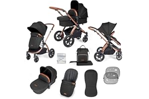 Ickle Bubba Stomp Luxe 2-in-1 All-Terrain Pram - Suitable from Birth to Approx. 4 Years, Includes Rain Cover, Footmuff, Apron & Sunshade, Foldable with Puncture-Proof Wheels (Bronze/Midnight/Tan)