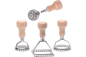 MASTER FENG Emporte Piece Ravioli, Coupeurs de Ravioli en Bois Poignée et Bord Ravioli à Roulette Patisserie Ustensiles pour Pâtes - Lot de 4