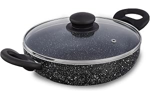 Amazon Brand - Solimo Non-Stick Kadai with Glass Lid & Detachable Handle Granite Finish Induction Base PFOA Free High Temperature Resistant Exterior Coating 22 cm Black