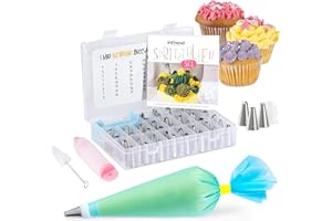 Int!rend Spritzbeutel mit Tüllen Set 59-teilig - 42 Spritztüllen - 2 Wiederverwendbare Silikonbeutel & 10 Einweg Spritzbeutel mit Reinigungsbürste & Adapter - Backzubehör