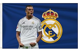 FOMSTOREG Kylian Mbappé Flagge, Banner 90 x 150 cm – Real Madrid Fans Merengues Liga Champions Fußball, langlebig, für drinnen und draußen, Fußball, 2 Ösen