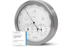 MAVORI® Wetterstation analog - 3in1 Barometer, Hygrometer & Thermometer für innen und außen - Ø 13,5cm Edelstahl Rahmen mit Acrylglas im modernen Design - Inklusive Thermometer & Hygrometer