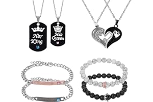 Yolev 8 Pieces Couple Necklace Bracelet Set, I Love You Pendant Necklaces,Her King&His Queen Necklace Bracelet, Crown Necklace for Valentine's Day Anniversary