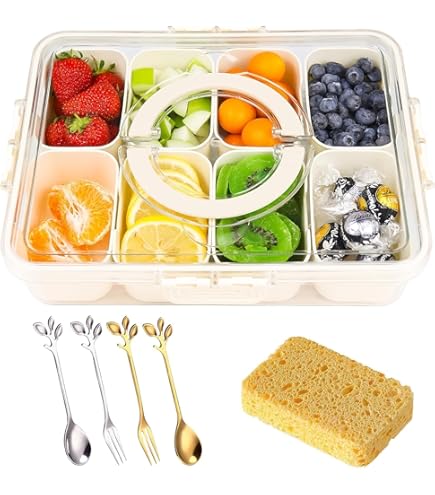 wenrescry Snackbox met 8 vakken, draagbare snackschaal met deksel en handvat, vaatwasmachinebestendig, snackbord, opbergdoos voor snoep, fruit, koekjes, groenten en desserts